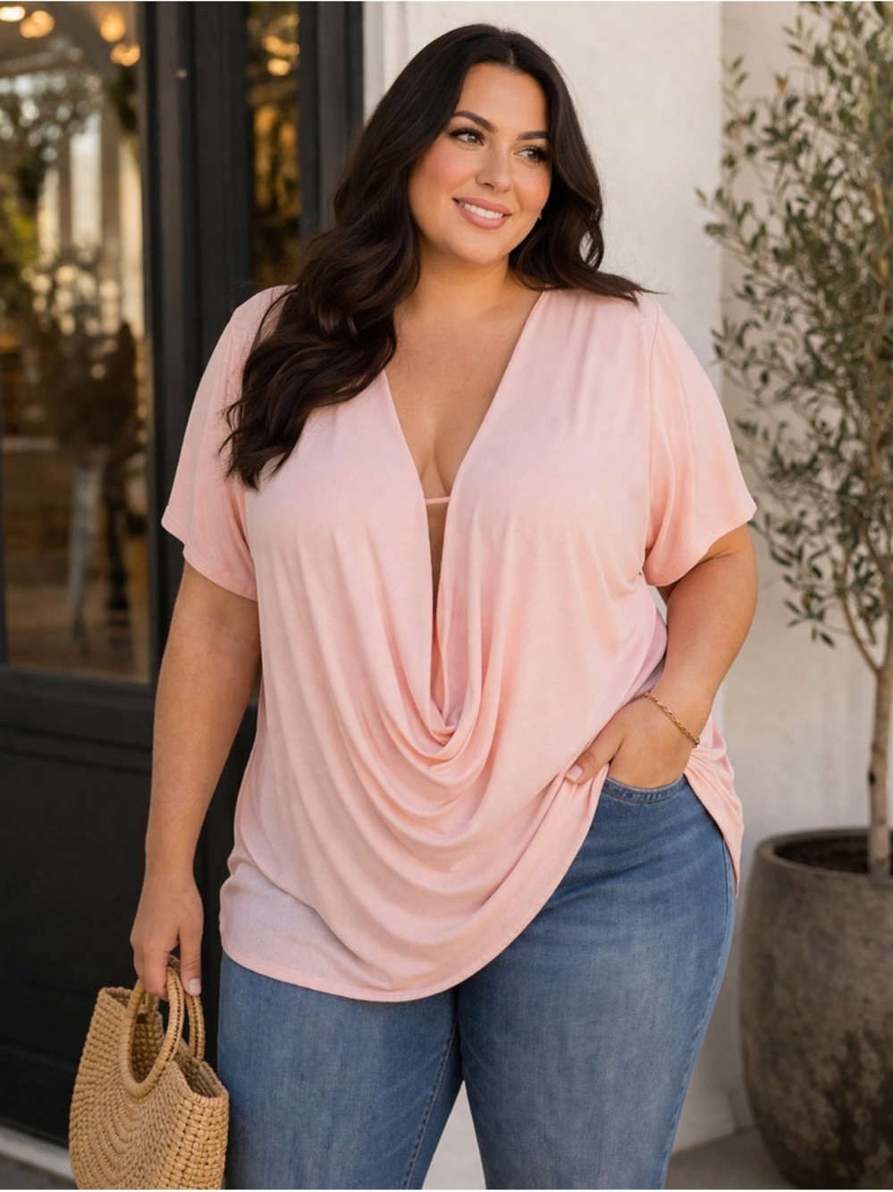 Plus Size Draped V-Neck Top in Blush Pink NWOT